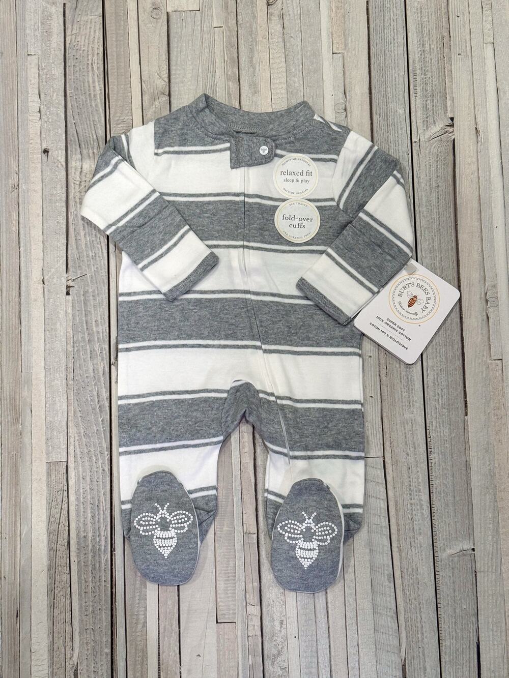 NEW Burt’s Bees Baby Organic Cotton Gray Striped Footed Pajamas – Newborn